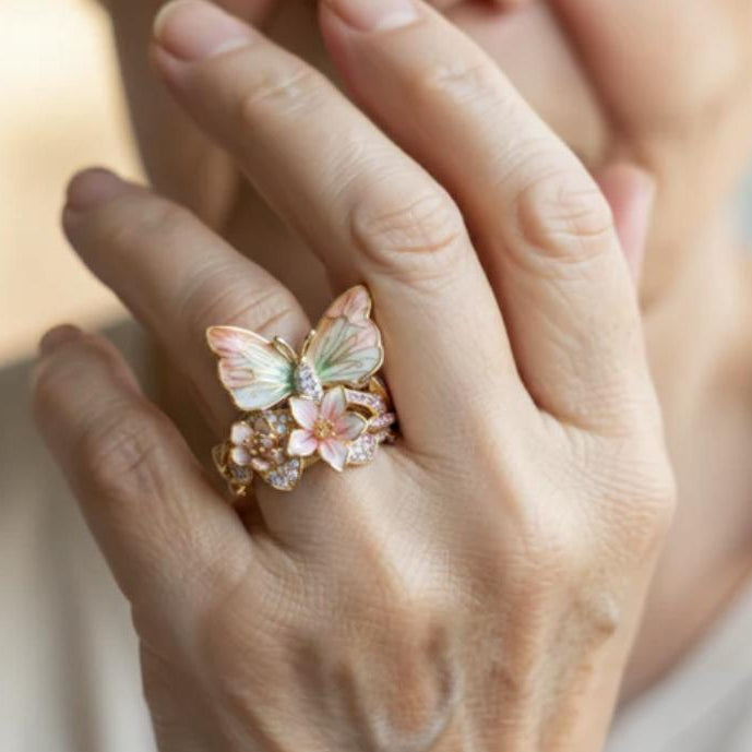 Brimhaven vintage zlatý květinový prsten – elegantní motýl a romantický květinový design, dokonalý vánoční dárek.🌸💎