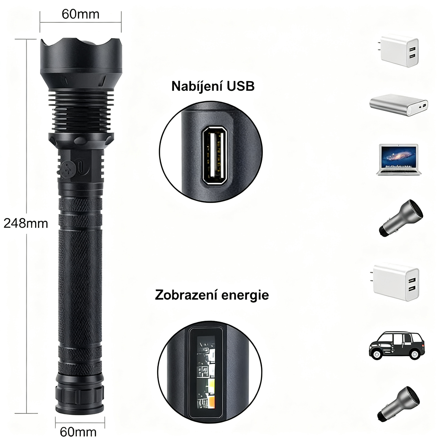 20000 lumenů taktická svítilna - extrémní paprsek a funkce powerbanky