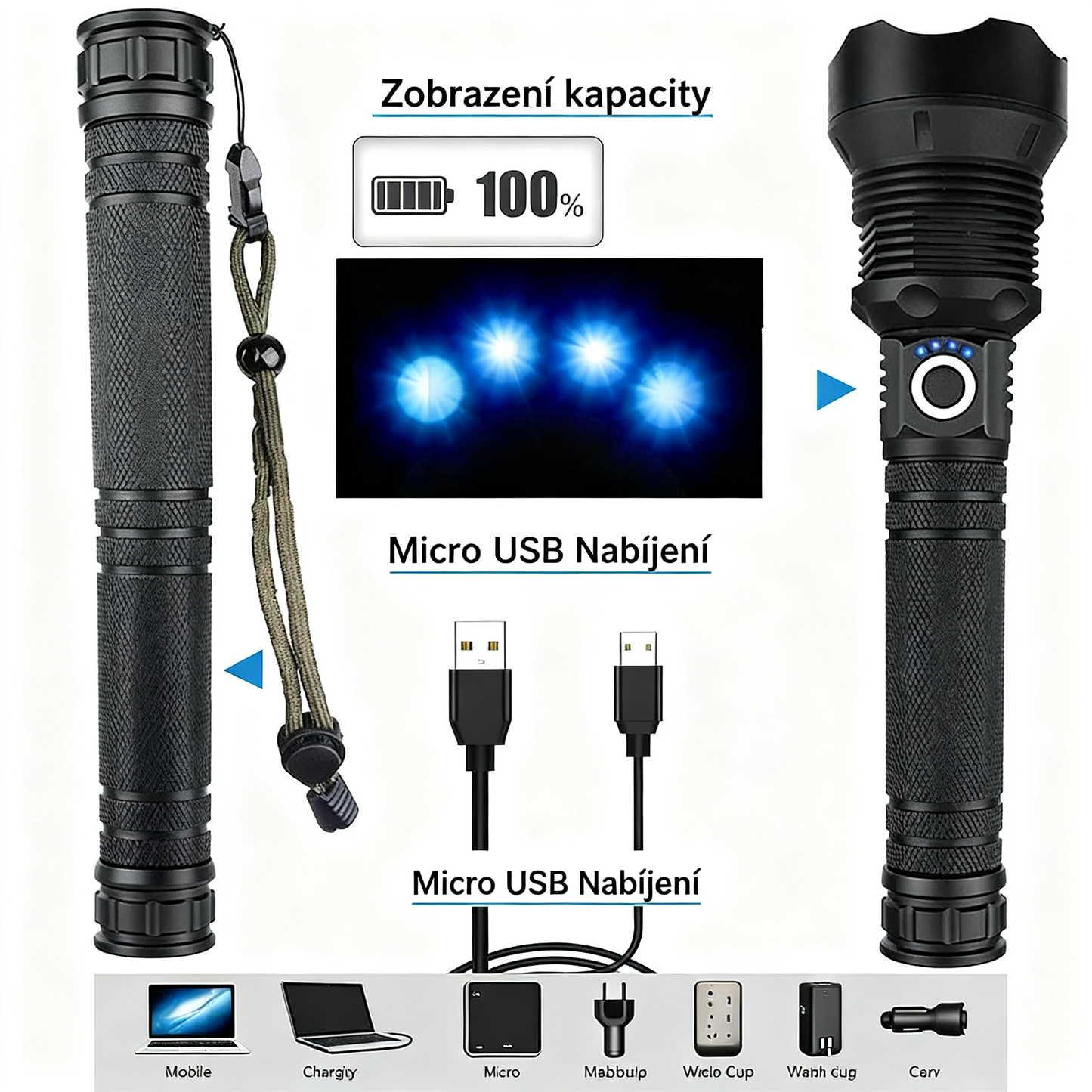 20000 lumenů taktická svítilna - extrémní paprsek a funkce powerbanky